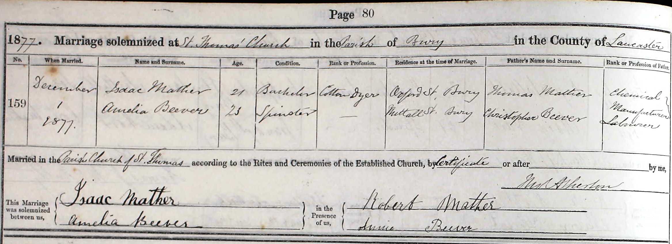 Taken on December 1st, 1877 and sourced from Certificate - Marriage.