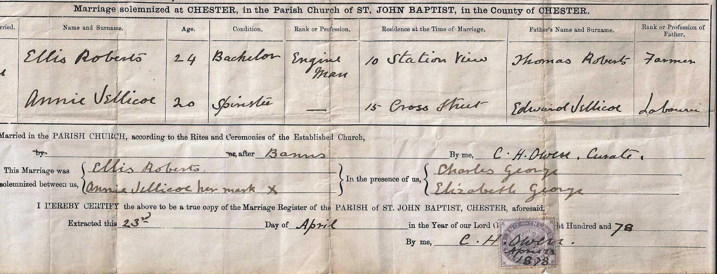 Taken on April 23rd, 1878 and sourced from Certificate - Marriage.