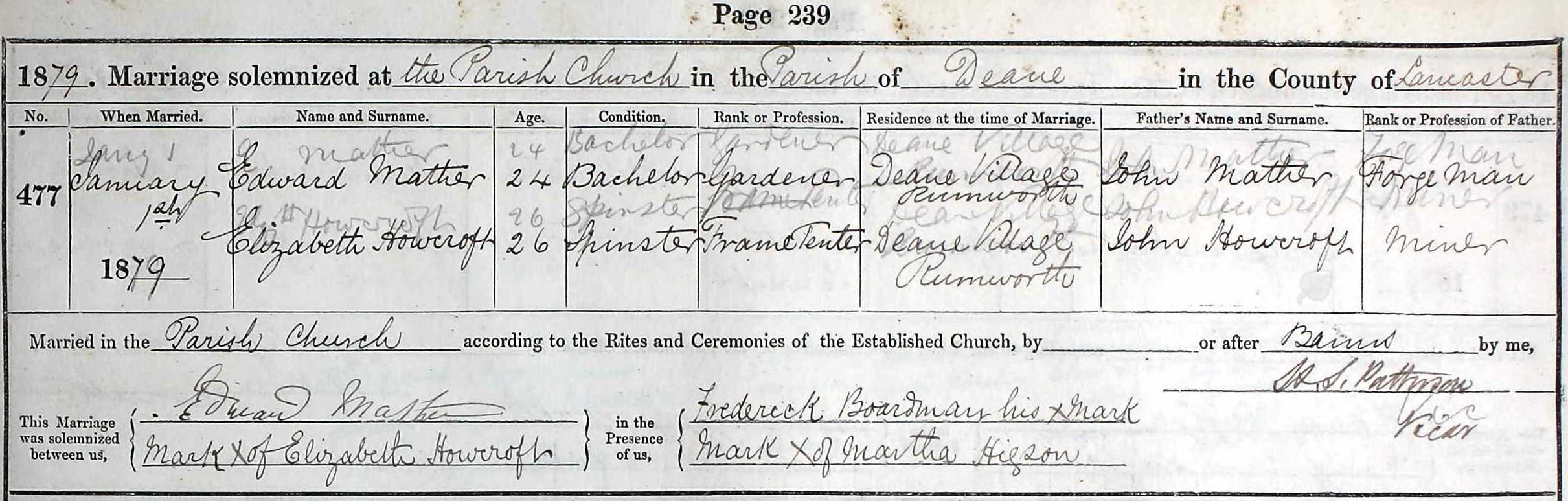 Taken on January 1st, 1879 and sourced from Certificate - Marriage.