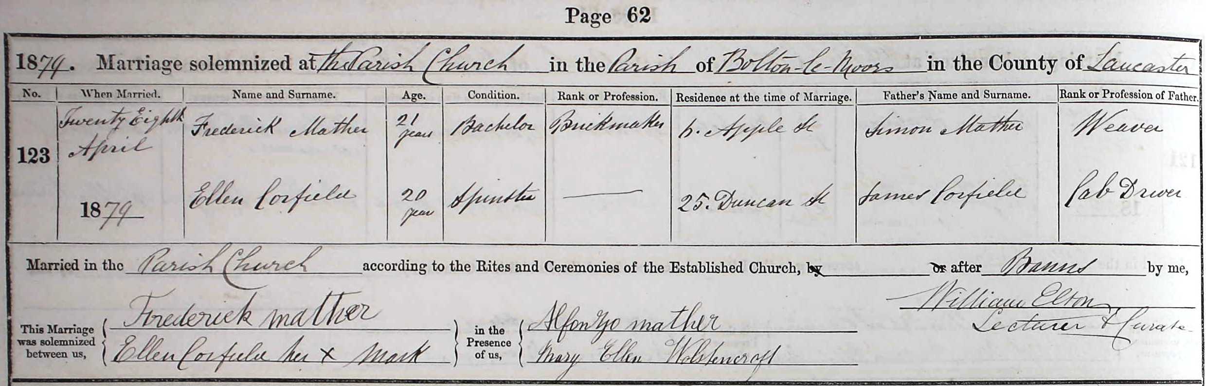 Taken on April 28th, 1879 and sourced from Certificate - Marriage.