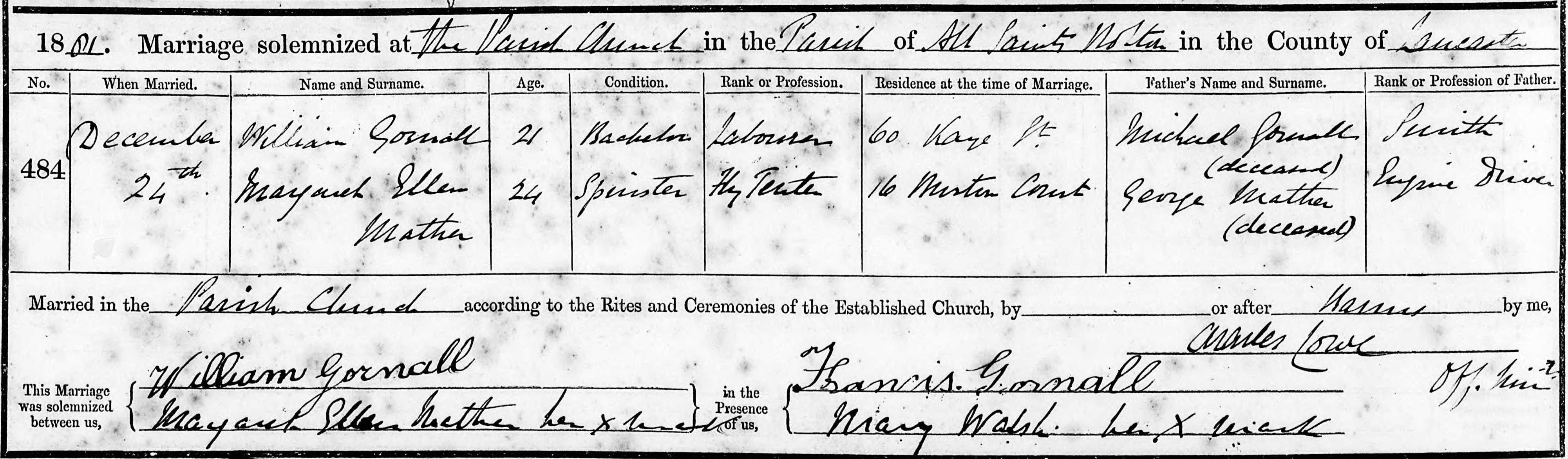 Taken on December 24th, 1881 and sourced from Certificate - Marriage.