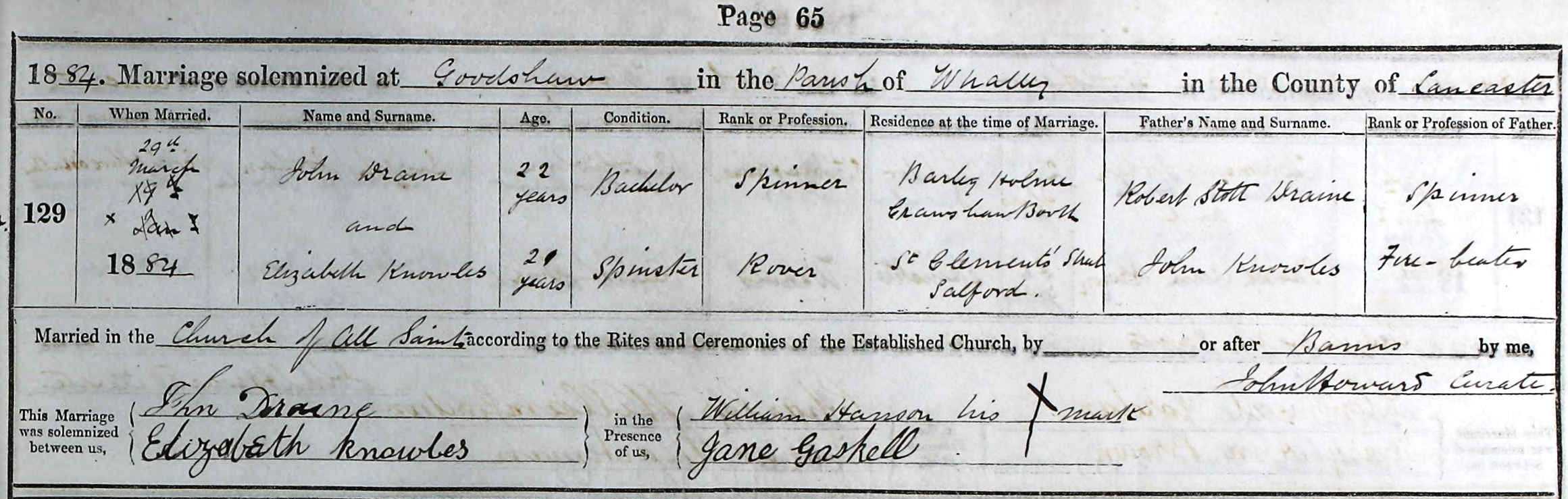 Taken on March 29th, 1884 and sourced from Certificate - Marriage.