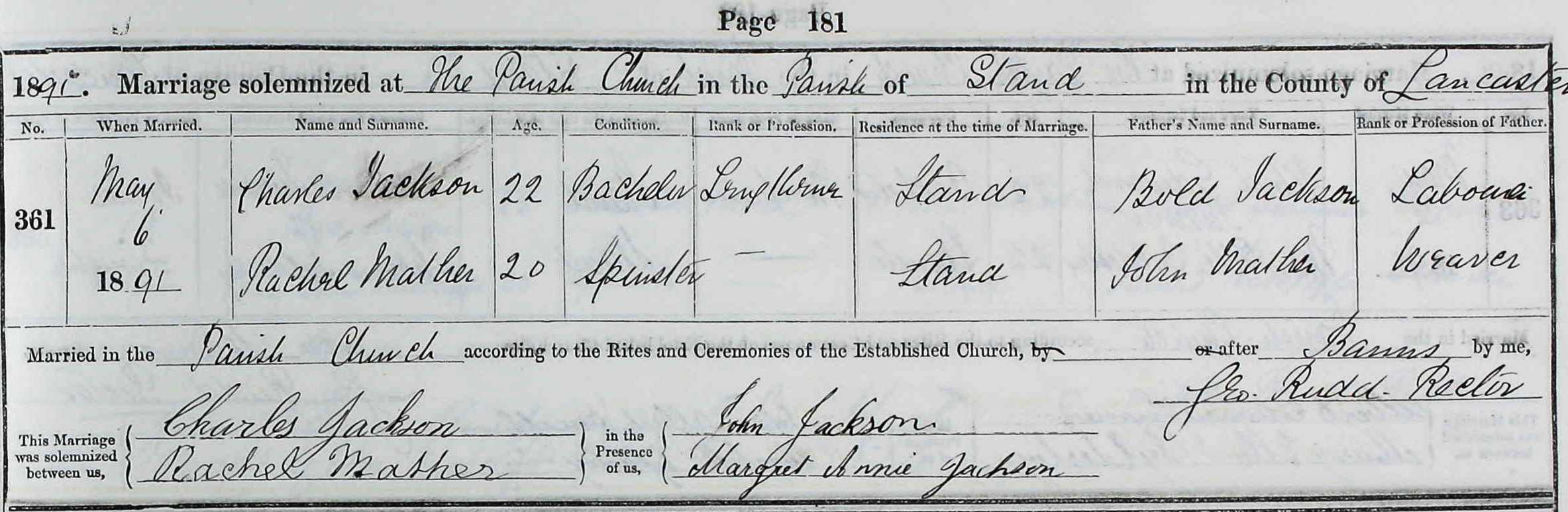 Taken on May 6th, 1891 and sourced from Certificate - Marriage.