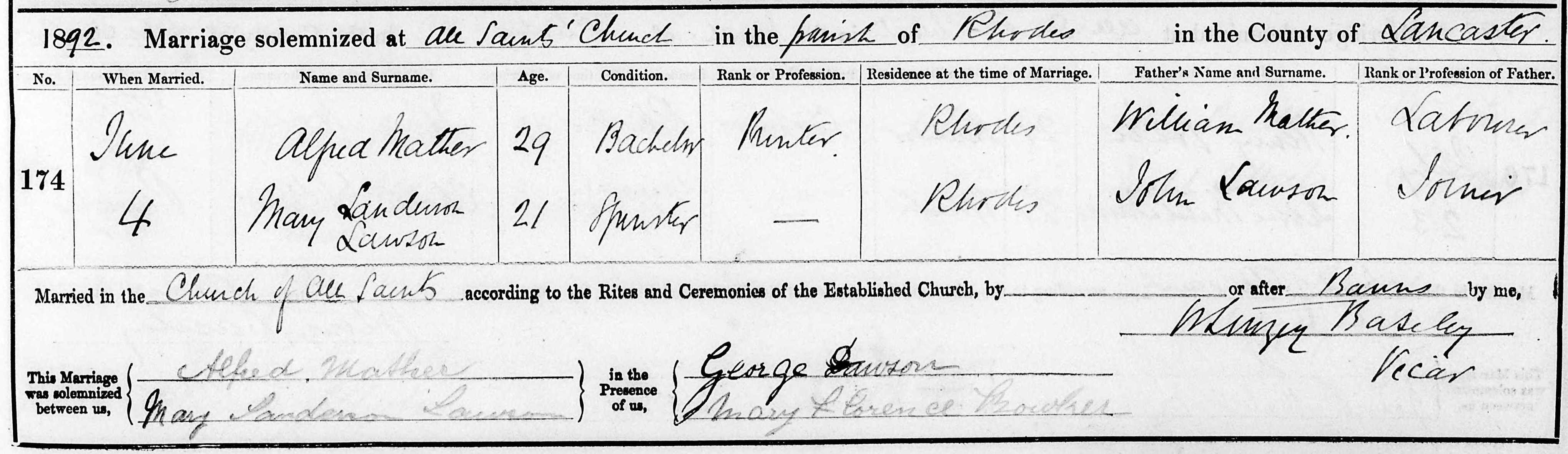 Taken on June 4th, 1892 and sourced from Certificate - Marriage.