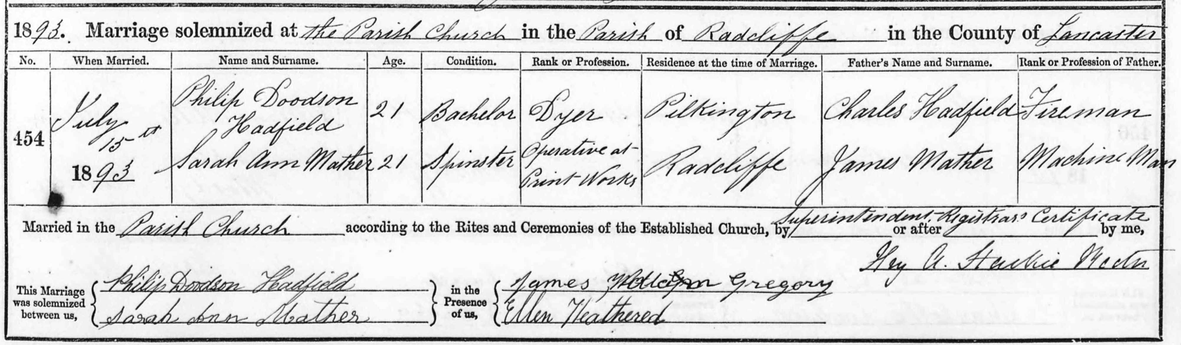 Taken on July 15th, 1893 and sourced from Certificate - Marriage.