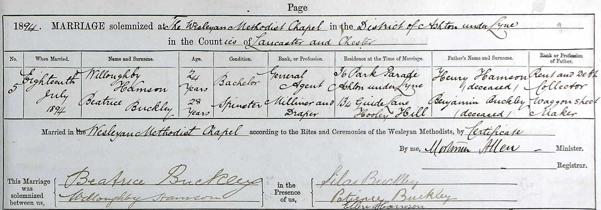 Taken on July 18th, 1894 and sourced from Certificate - Marriage.