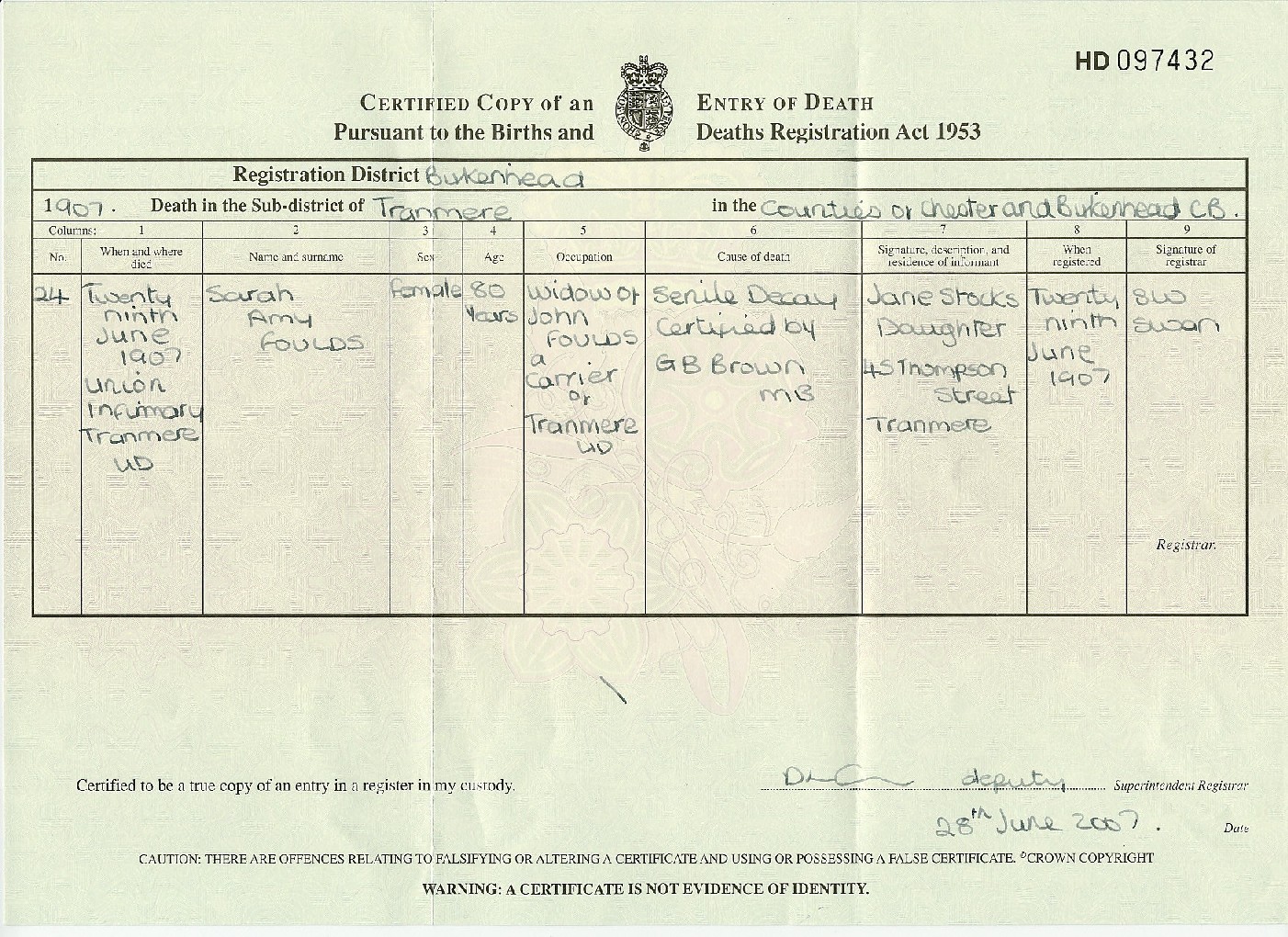 Taken in 1907 in Tranmere and sourced from Certificate - Death.