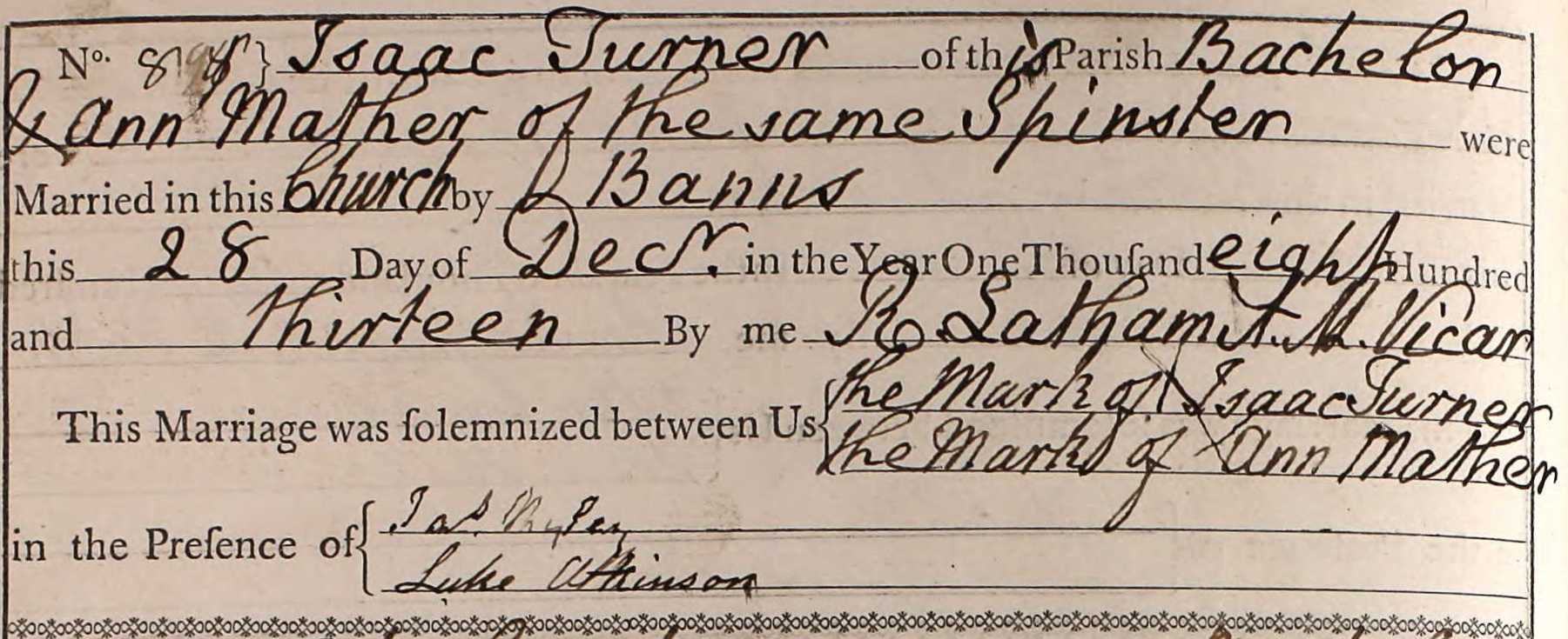 Taken on December 28th, 1813 and sourced from Certificate - Marriage.