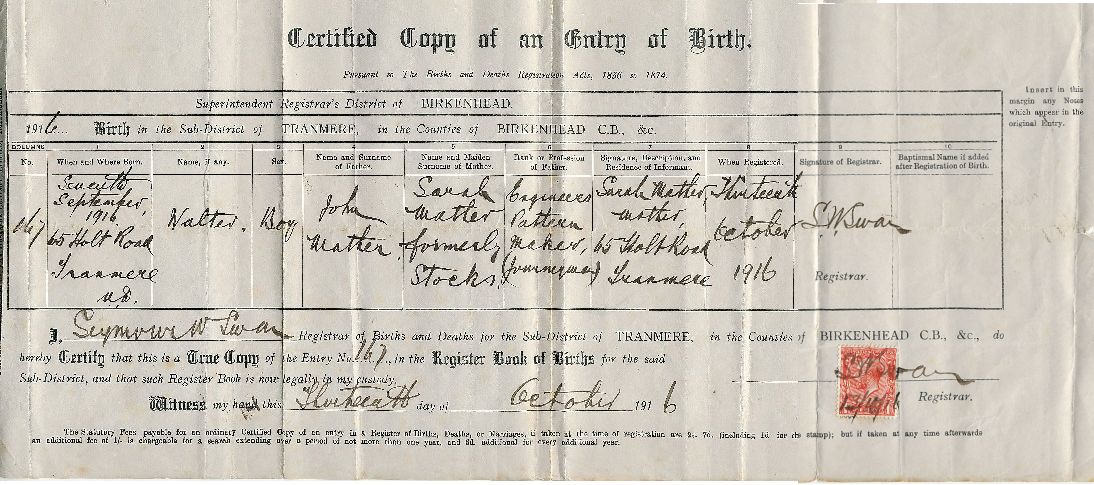 Taken in 1916 and sourced from Certificate - Birth.