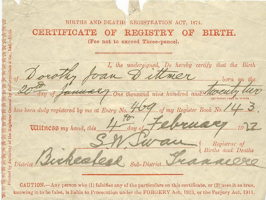 Taken on February 4th, 1922 and sourced from Certificate - Birth.