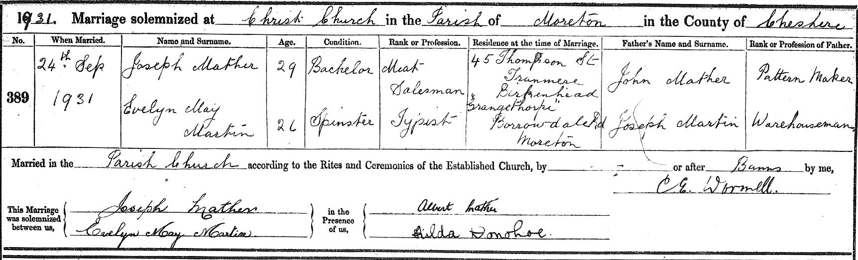 Taken on September 24th, 1931 in Morton (Bingley) and sourced from Certificate - Marriage.