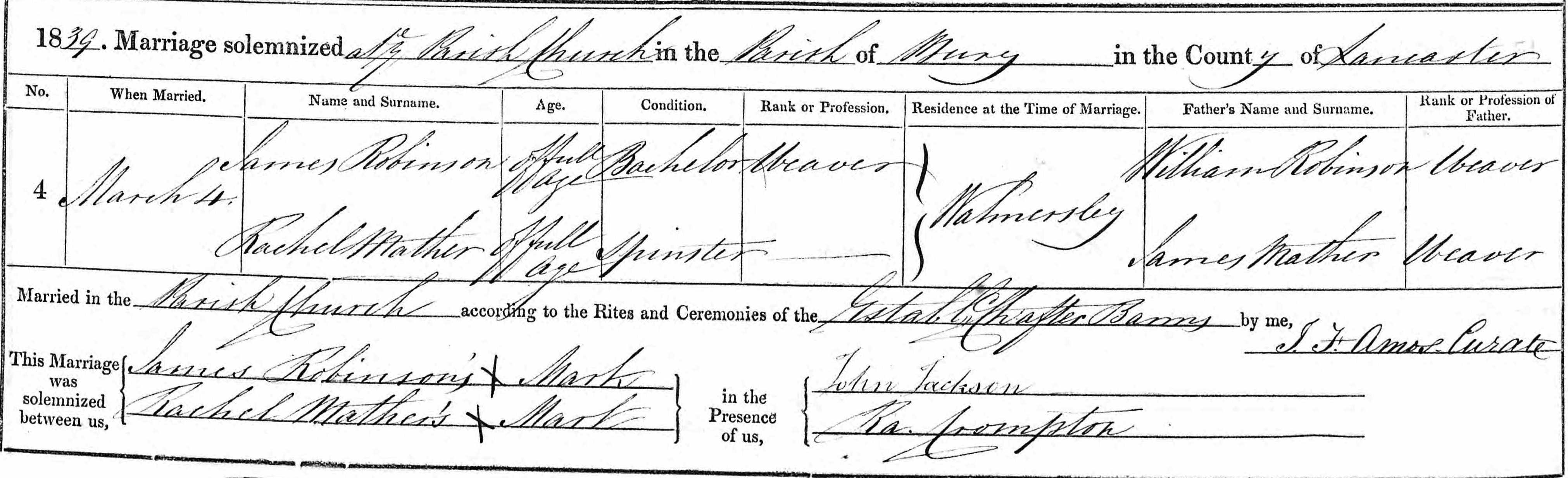 Taken on March 3rd, 1839 and sourced from Certificate - Marriage.