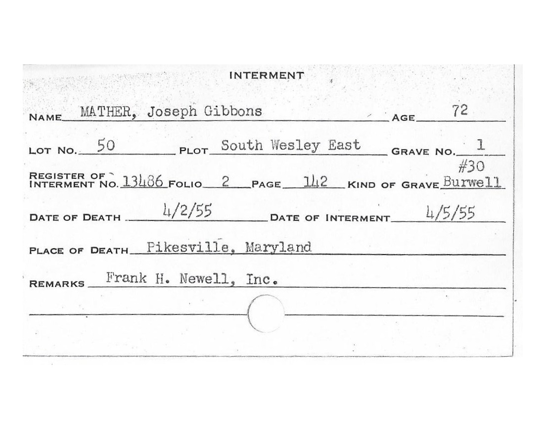 Taken on April 2nd, 1955 in Maryland (MD) and sourced from Burial Record.