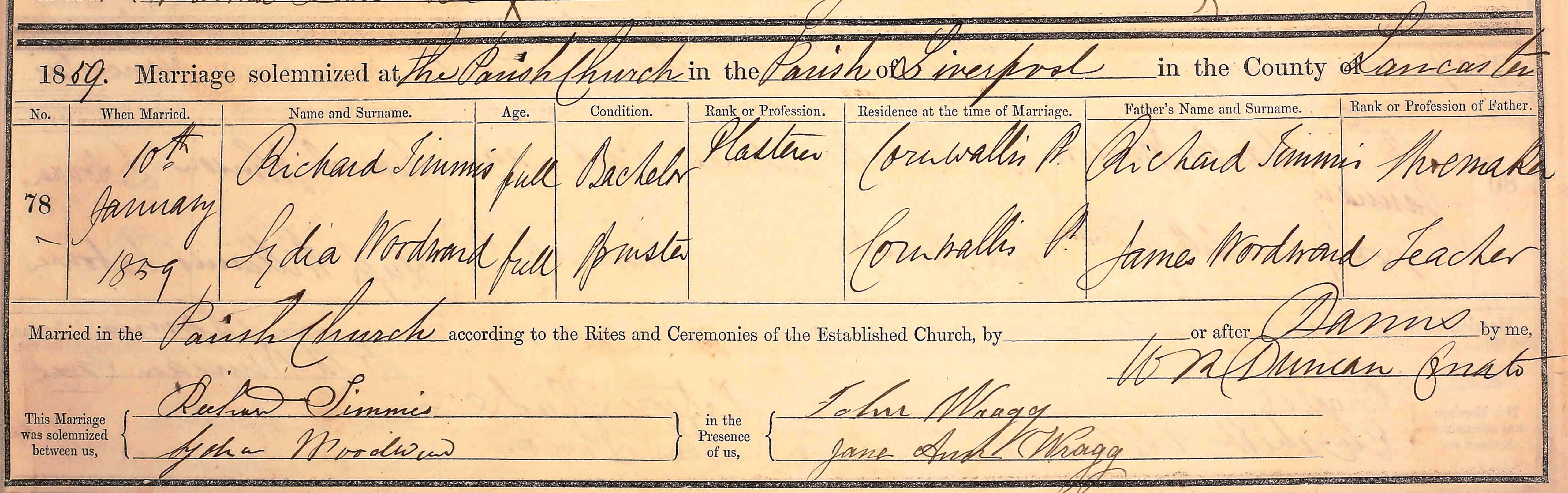 Taken on January 10th, 1859 and sourced from Certificate - Marriage.