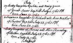 Taken in 1763 and sourced from Certificate - Baptism.