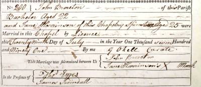 Taken on July 29th, 1791 and sourced from Certificate - Marriage.