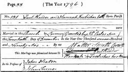 Taken on December 20th, 1796 and sourced from Certificate - Banns / License.