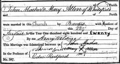 Taken on August 22nd, 1822 and sourced from Certificate - Marriage.