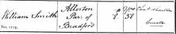 Taken on February 8th, 1822 and sourced from West Yorkshire Deaths & Burials (1813-1985).