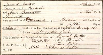 Taken on October 5th, 1826 and sourced from Certificate - Marriage.