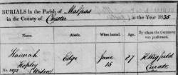 Taken on June 15th, 1835 in Malpas and sourced from Burial Rocords - Malpas.
