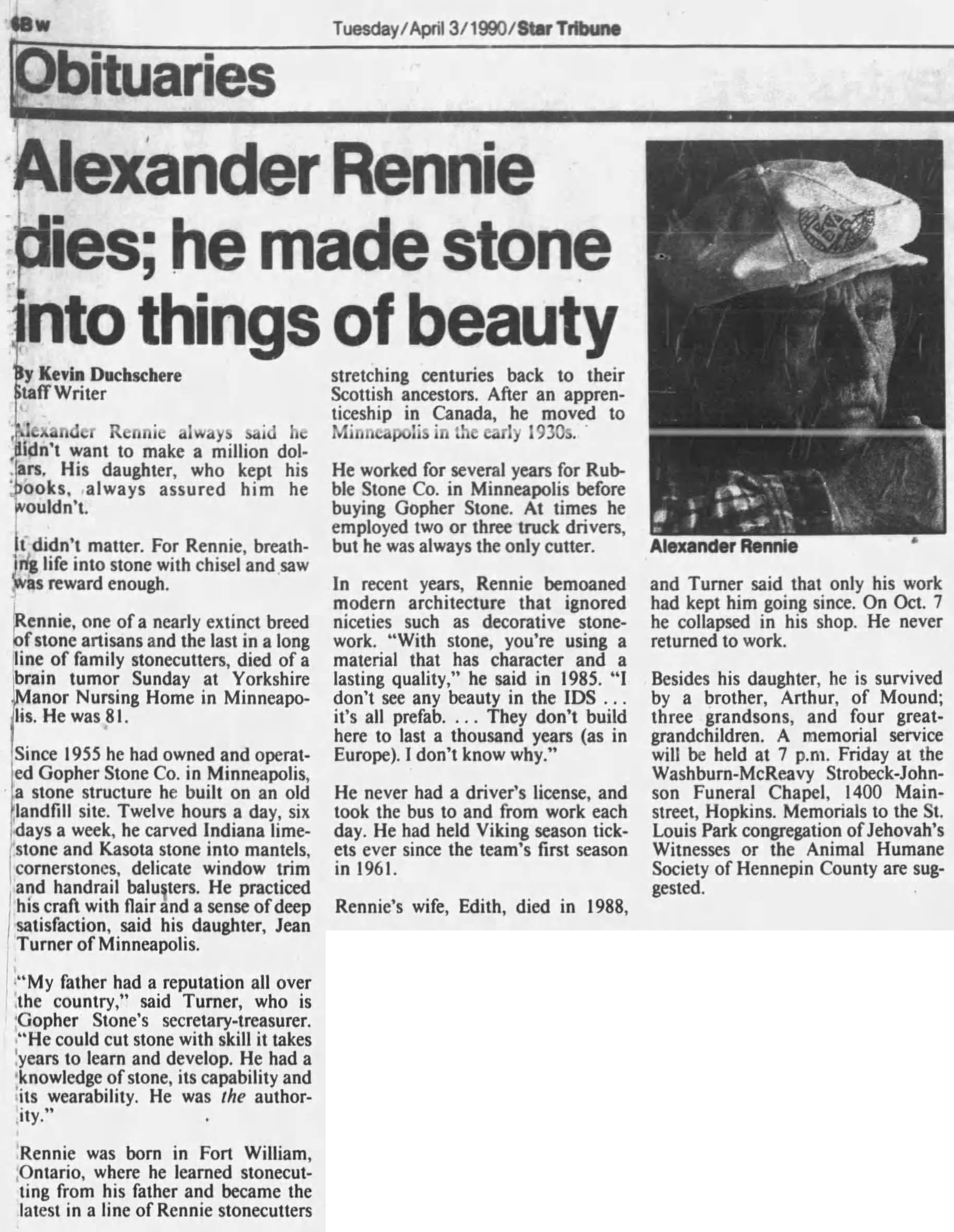  sourced from Alexander Rennie 1990 obituary.