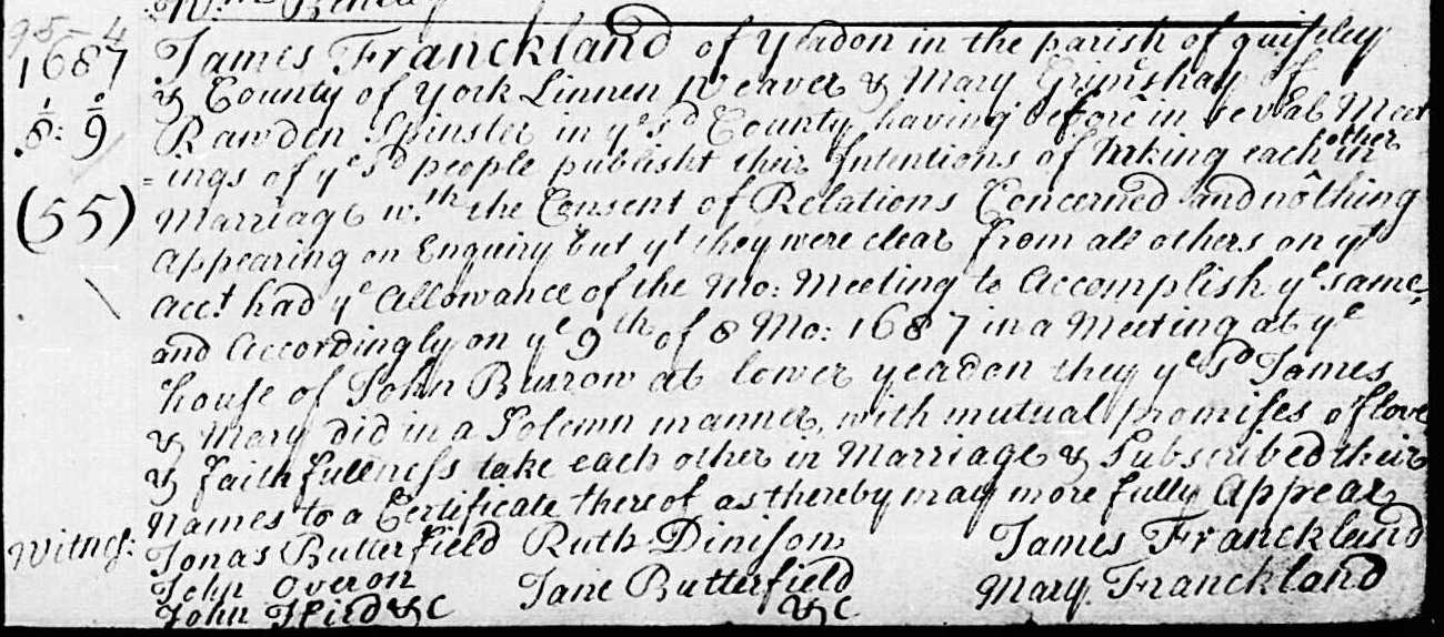 Taken in 1687 and sourced from Certificate - Marriage.