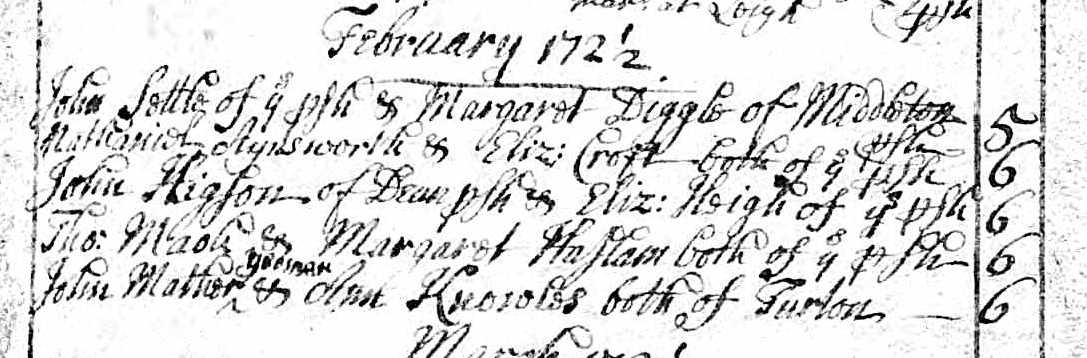 Taken on February 6th, 1722 and sourced from Certificate - Marriage.