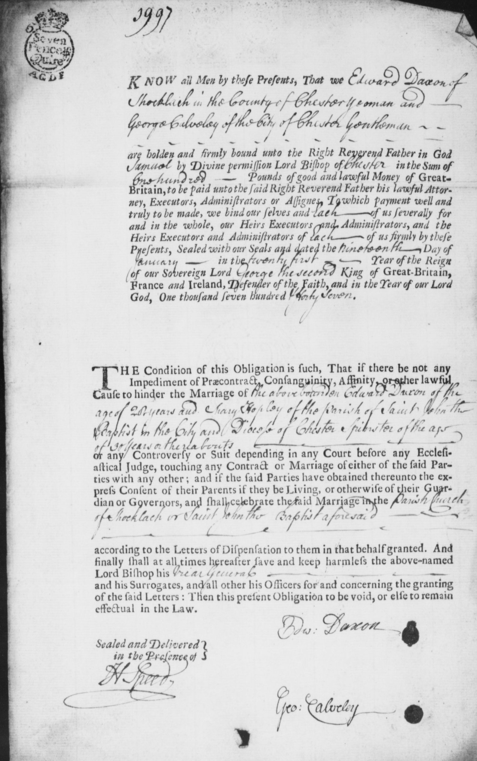 Taken in 1747 and sourced from Certificate - Banns / License.