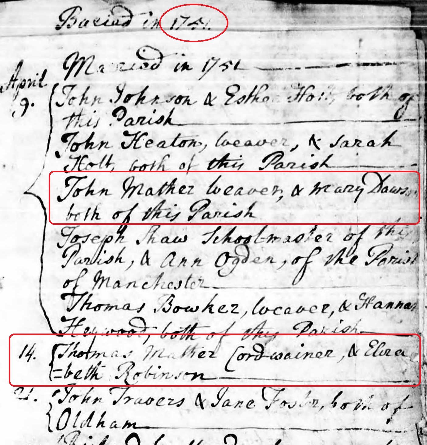 Taken on April 9th, 1751 and sourced from Certificate - Marriage.