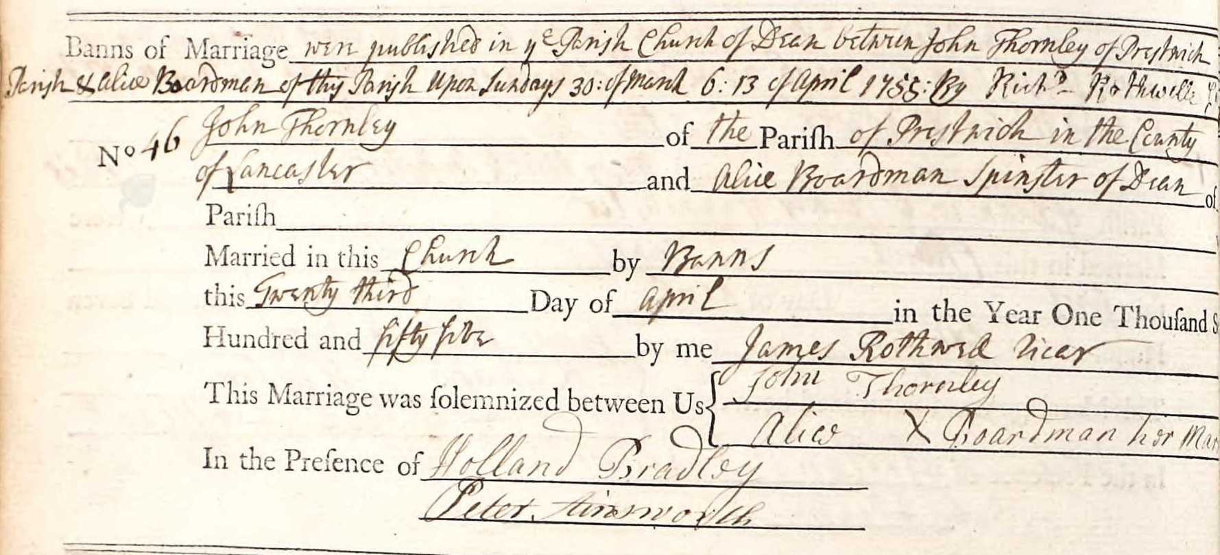 Taken on April 23rd, 1755 and sourced from Certificate - Marriage.