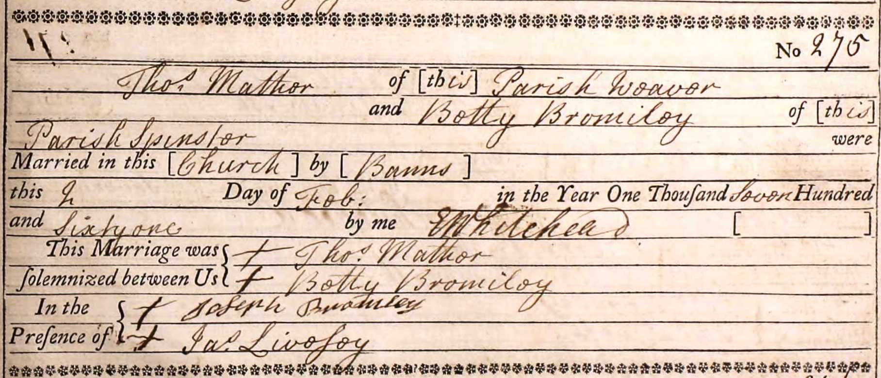 Taken on February 2nd, 1761 and sourced from Certificate - Marriage.