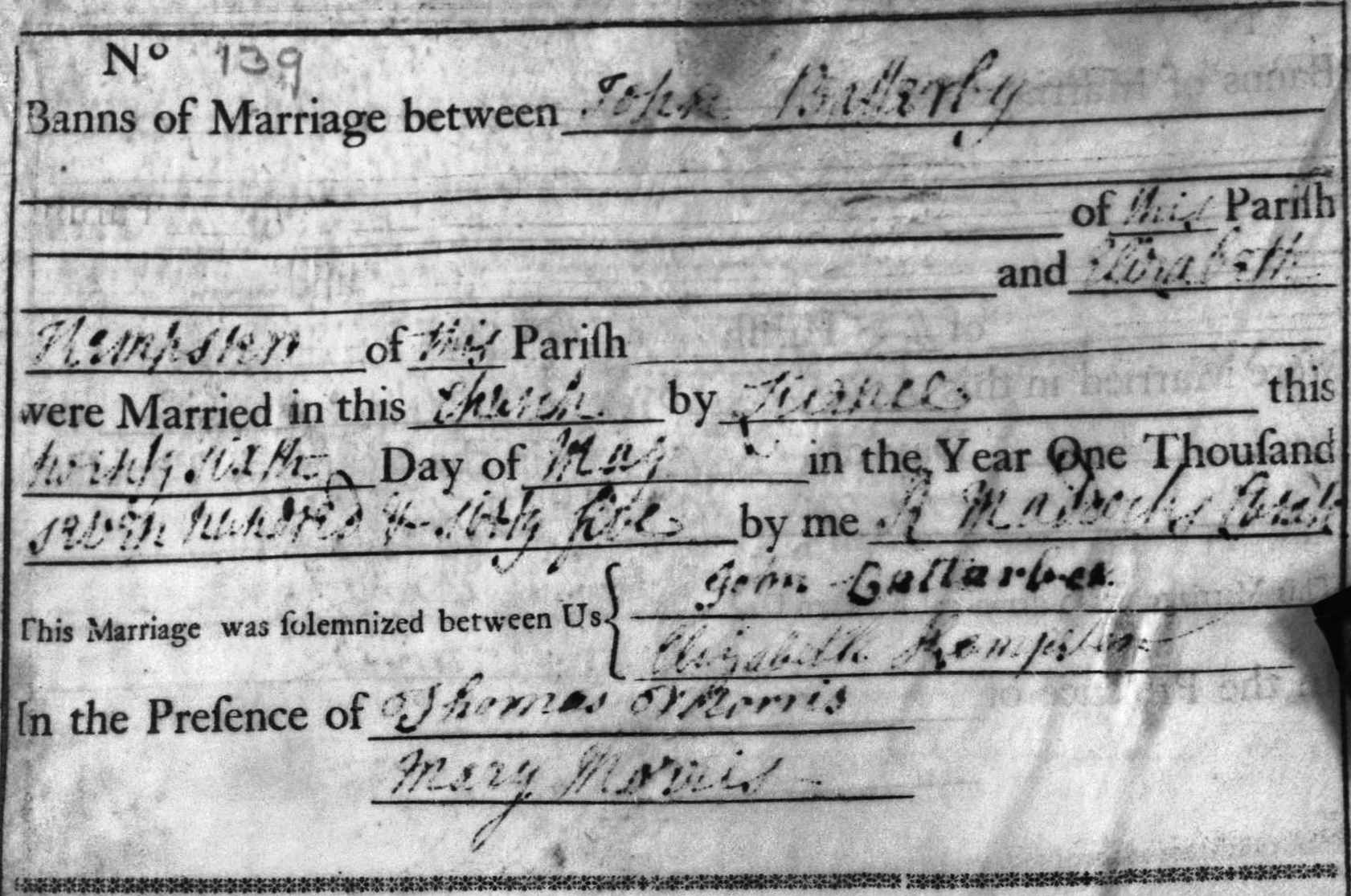 Taken on May 26th, 1765 in Hamner and sourced from Certificate - Marriage.