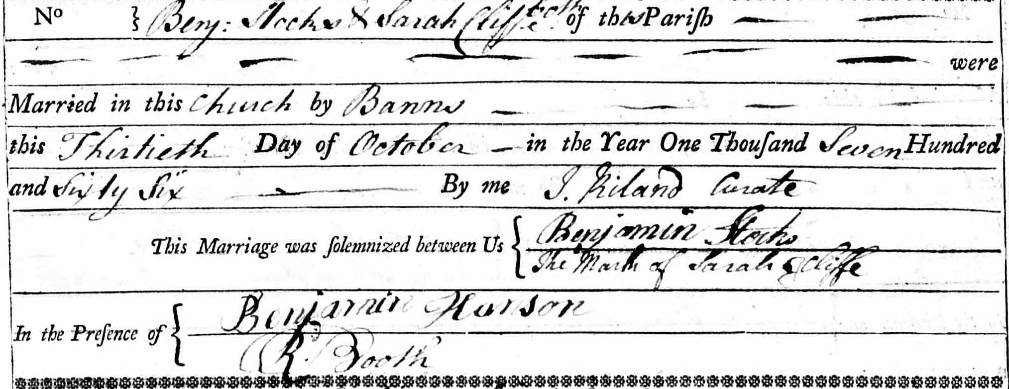 Taken in 1766 in Huddersfield and sourced from Certificate - Marriage.