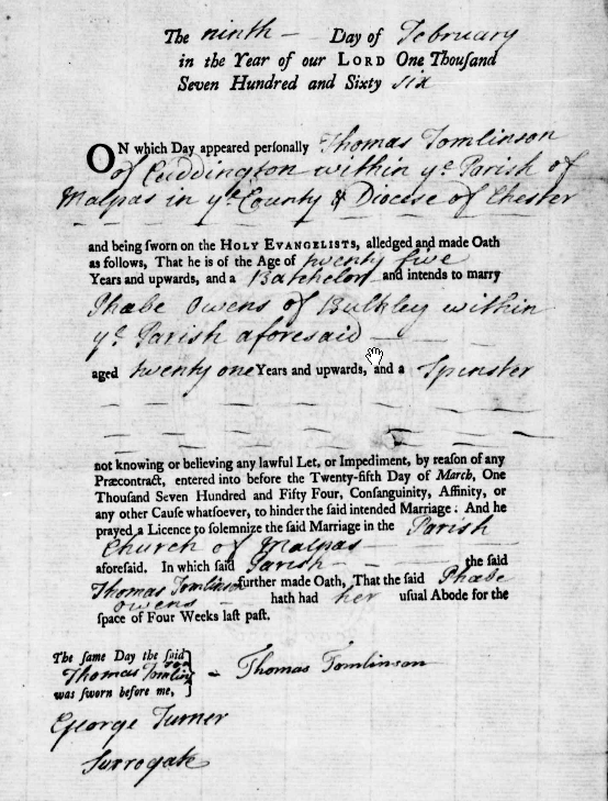 Taken on February 9th, 1766 in Malpas and sourced from Certificate - Banns / License.