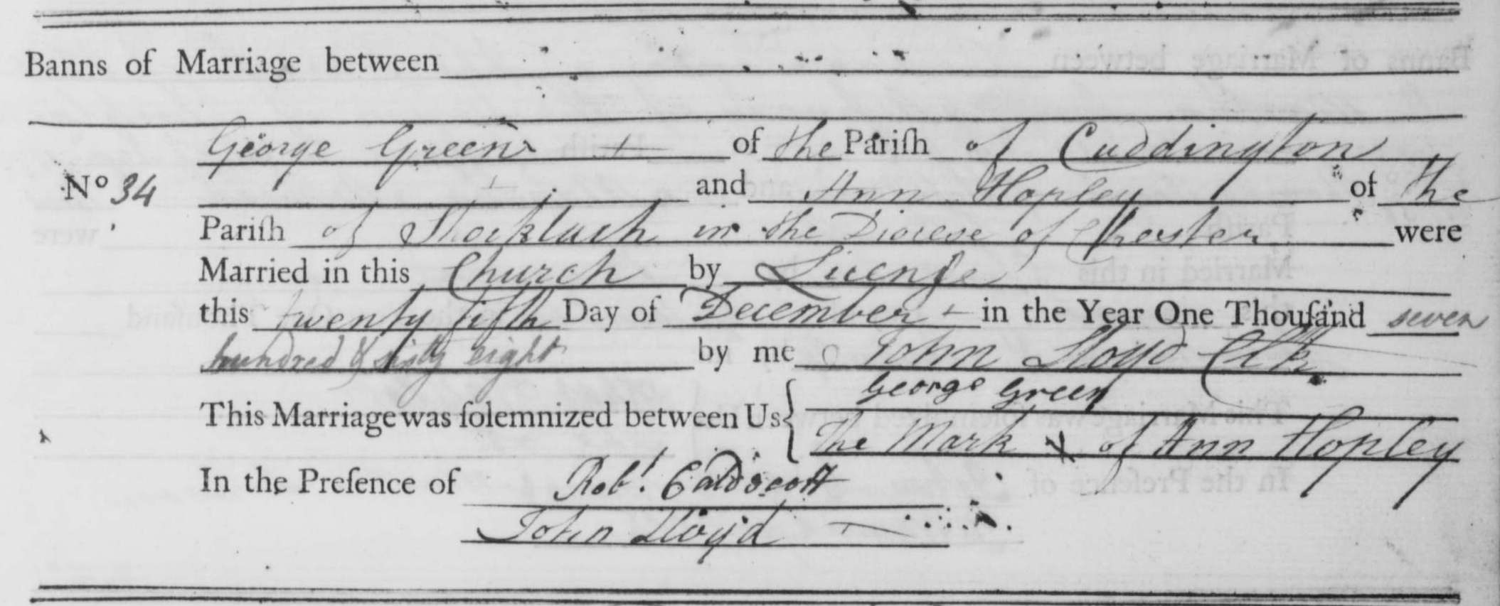 Taken on December 25th, 1768 in Shocklach and sourced from Certificate - Marriage.