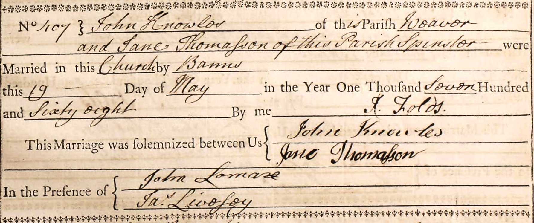 Taken on May 19th, 1768 and sourced from Certificate - Marriage.