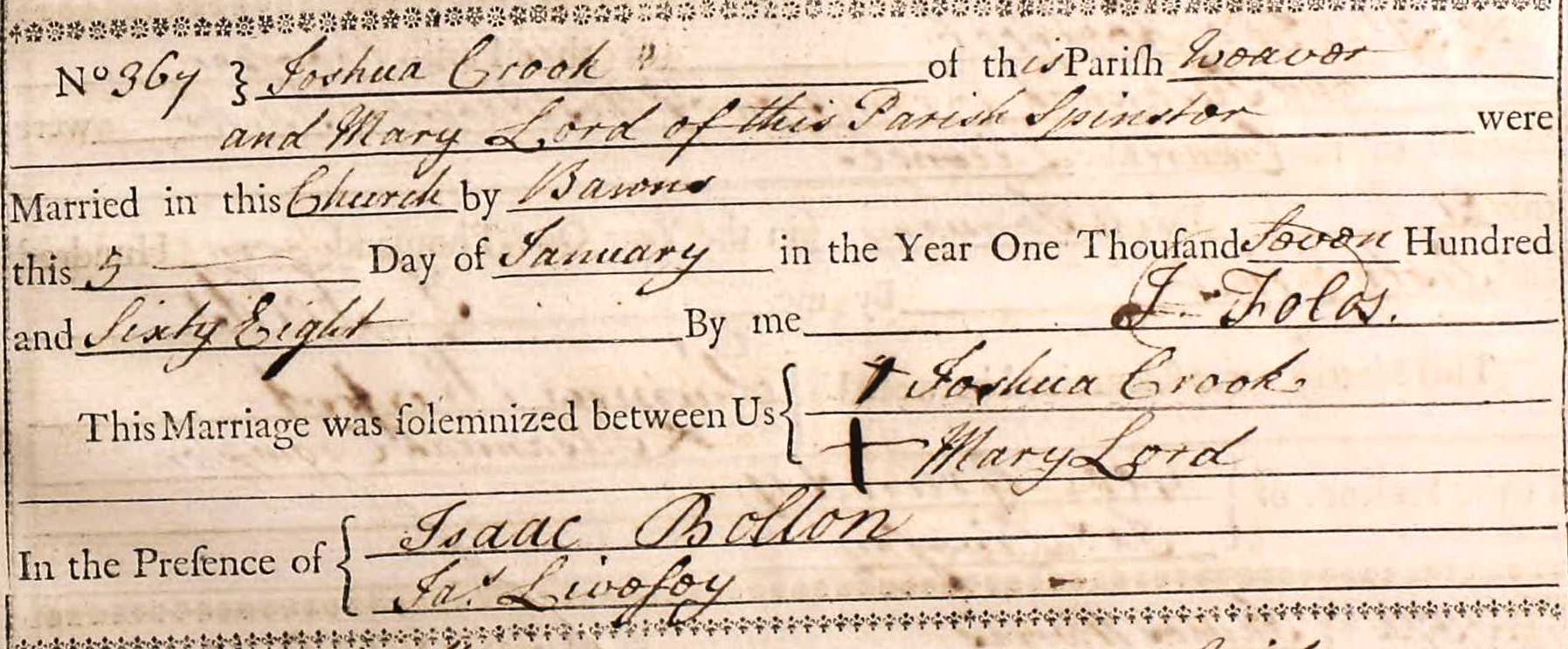 Taken on January 5th, 1768 and sourced from Certificate - Marriage.