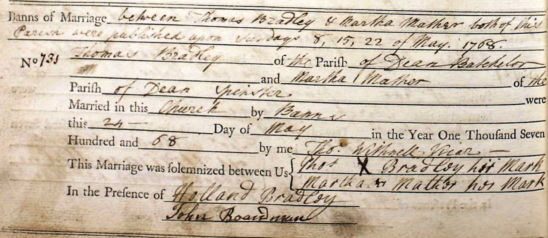 Taken on May 24th, 1768 and sourced from Certificate - Marriage.