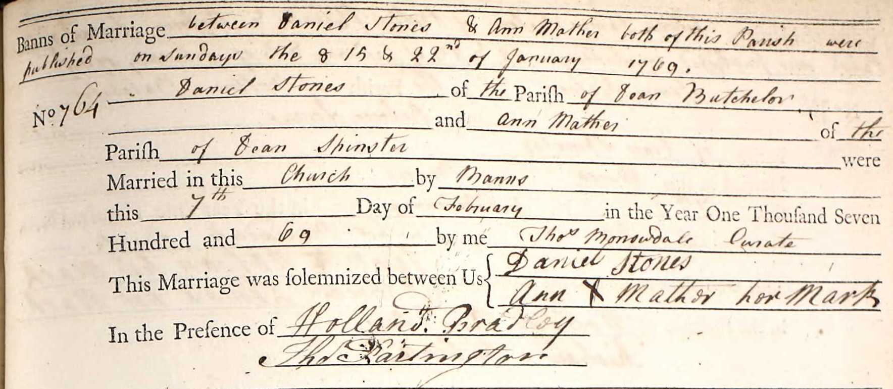 Taken on February 7th, 1769 and sourced from Certificate - Marriage.