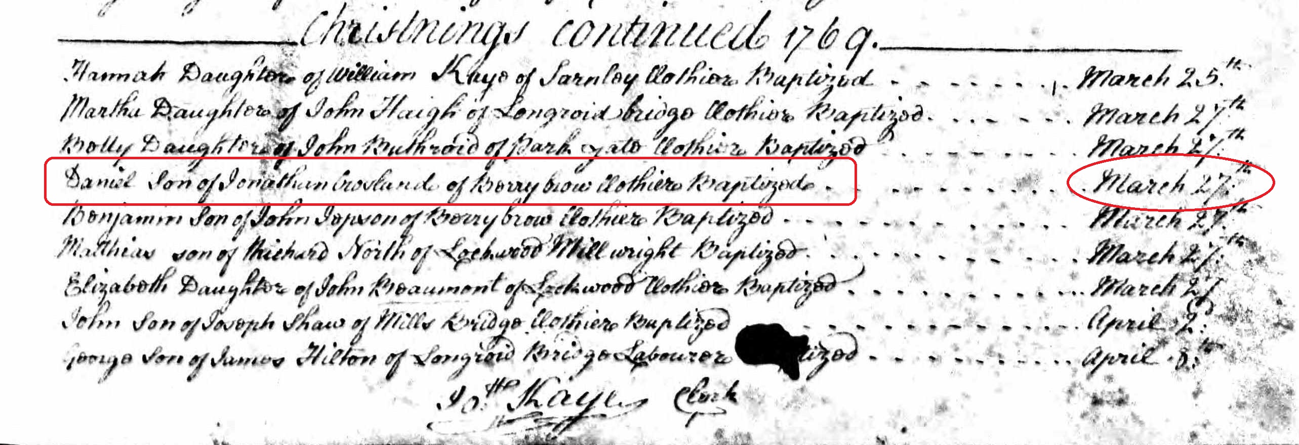 Taken on March 27th, 1769 and sourced from Certificate - Baptism.