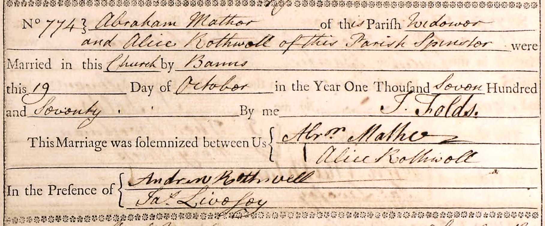 Taken on October 19th, 1770 and sourced from Certificate - Marriage.