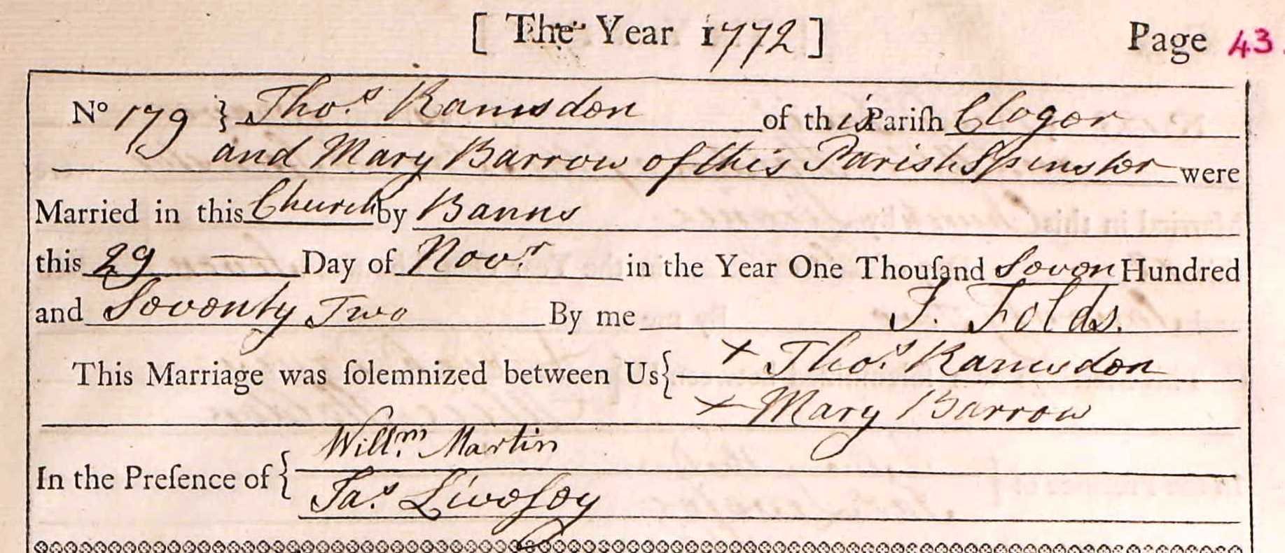 Taken on November 29th, 1772 and sourced from Certificate - Marriage.