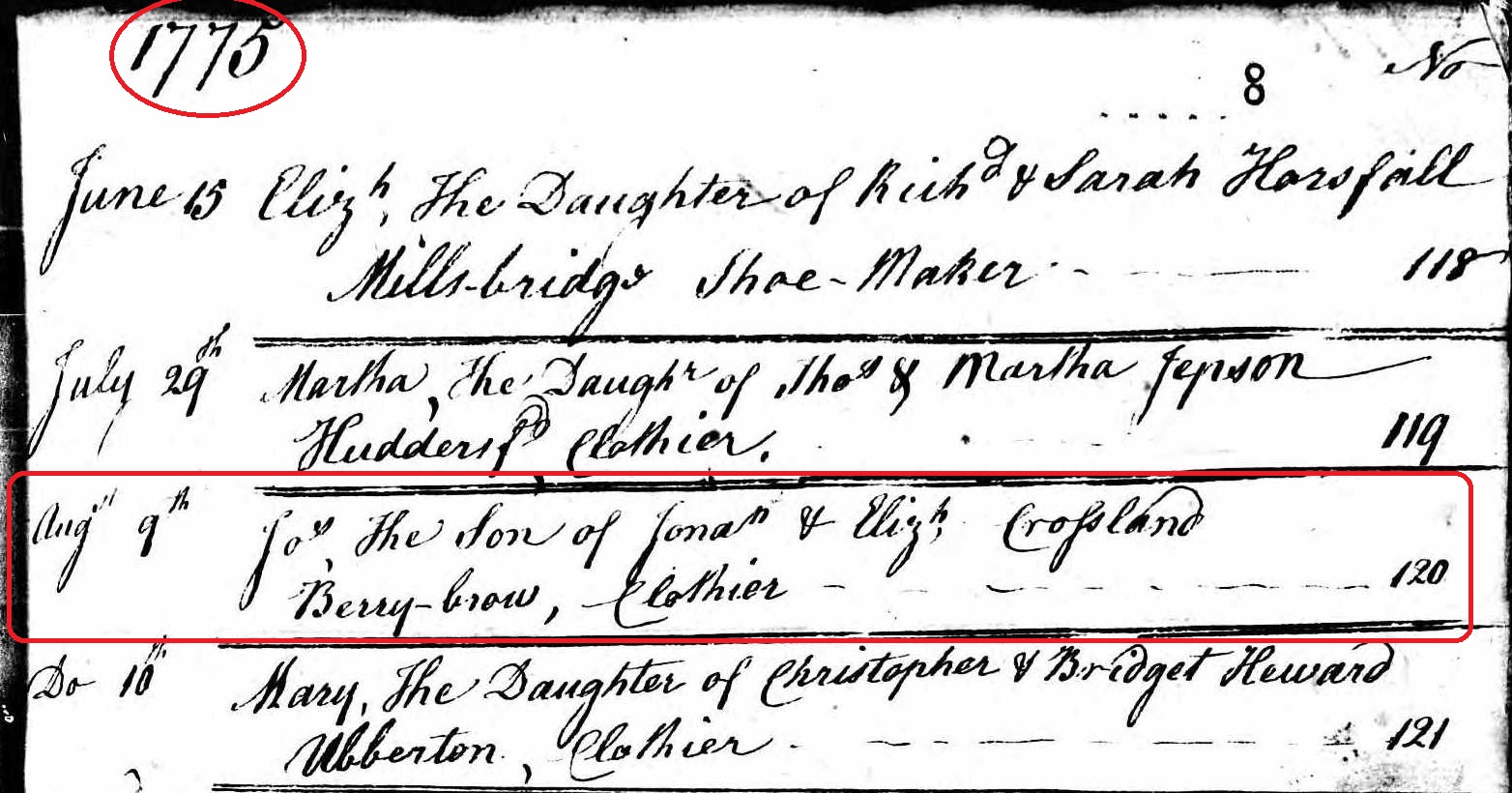 Taken on August 9th, 1775 and sourced from Certificate - Baptism.