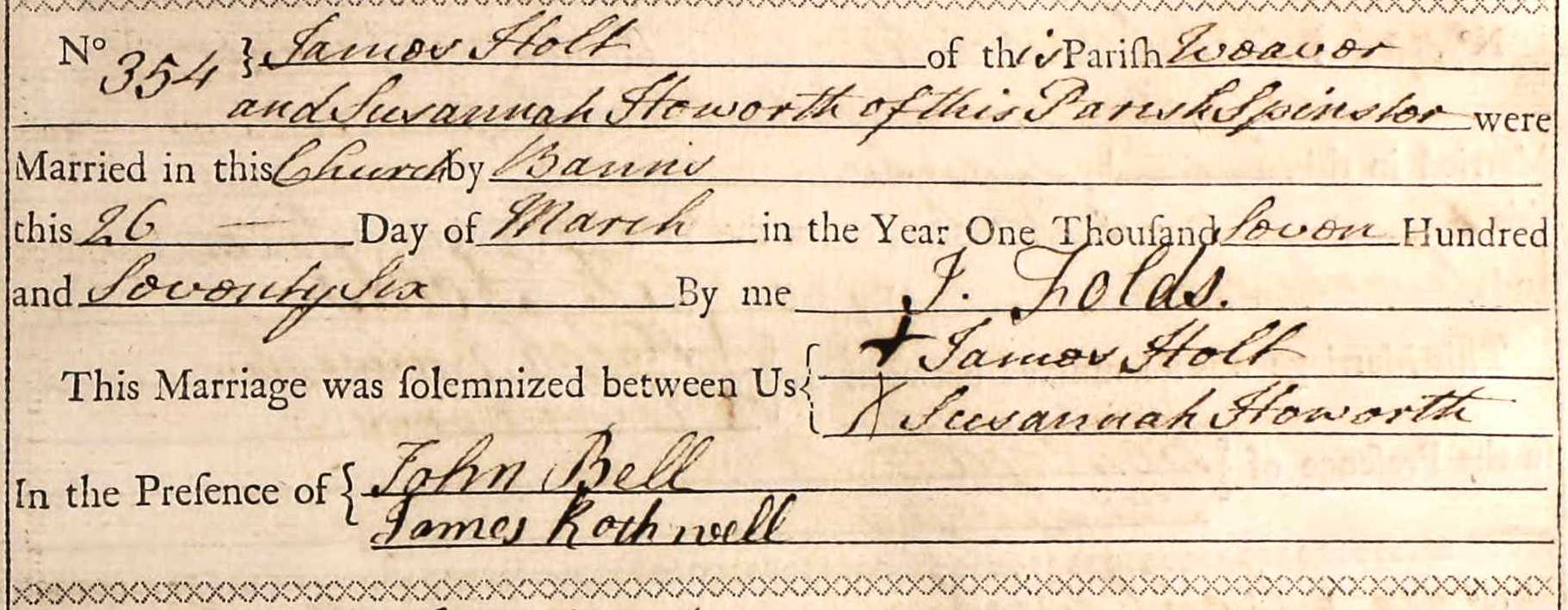 Taken on March 26th, 1776 and sourced from Certificate - Marriage.