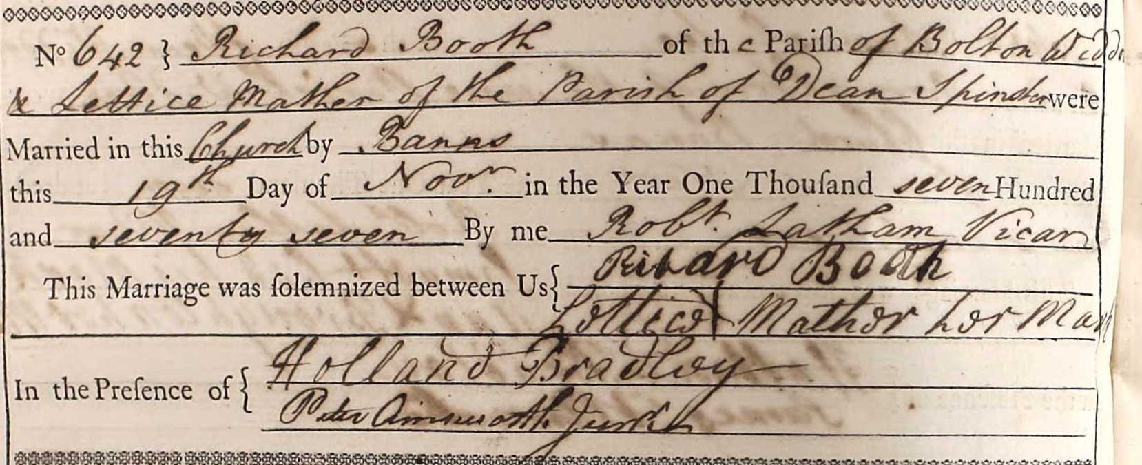 Taken on November 19th, 1777 and sourced from Certificate - Marriage.