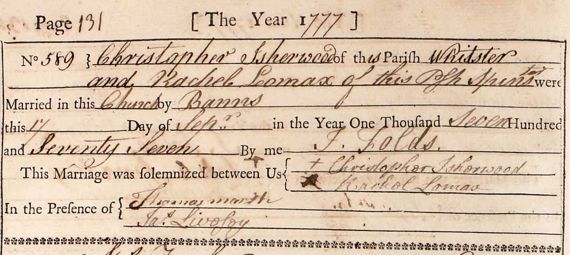 Taken on September 17th, 1777 and sourced from Certificate - Marriage.