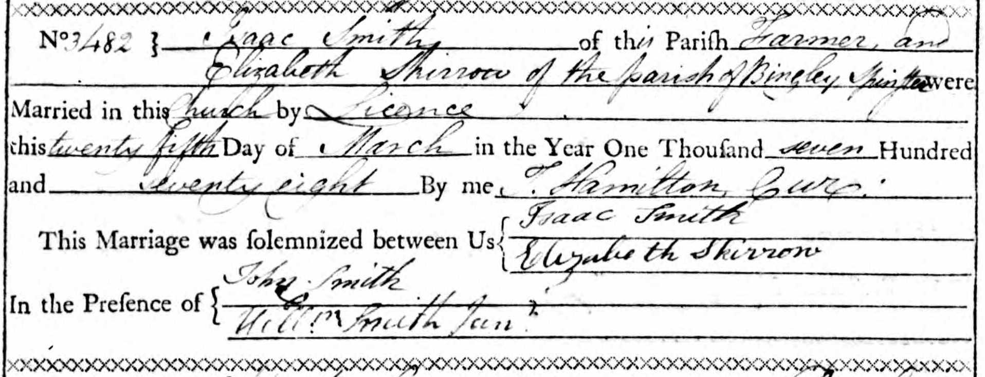 Taken on March 25th, 1778 and sourced from Certificate - Banns / License.