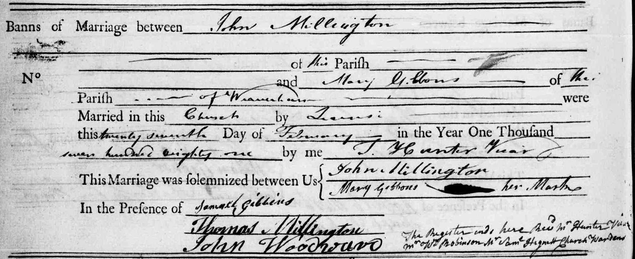 Taken on February 27th, 1781 and sourced from Certificate - Marriage.