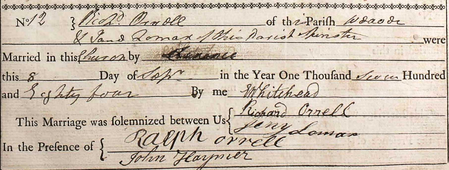 Taken on September 8th, 1784 and sourced from Certificate - Marriage.